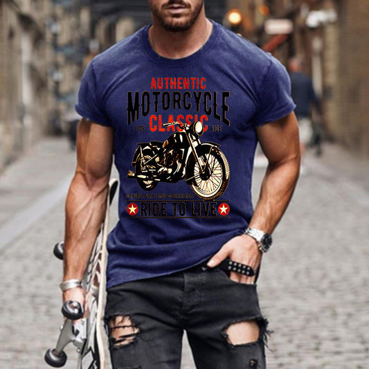 Authentic Motorcycle Printed Slim Round Neck Men's T-shirt